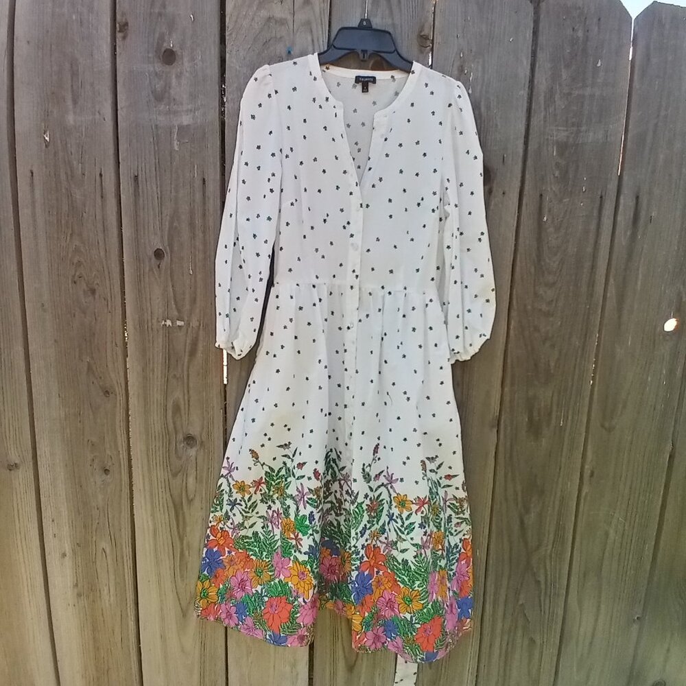 TALBOTS SHIRTDRESS WOMENS SZ 8 POPLIN BLISSFUL FLORAL LONG SLEEVE BUTTON TIE